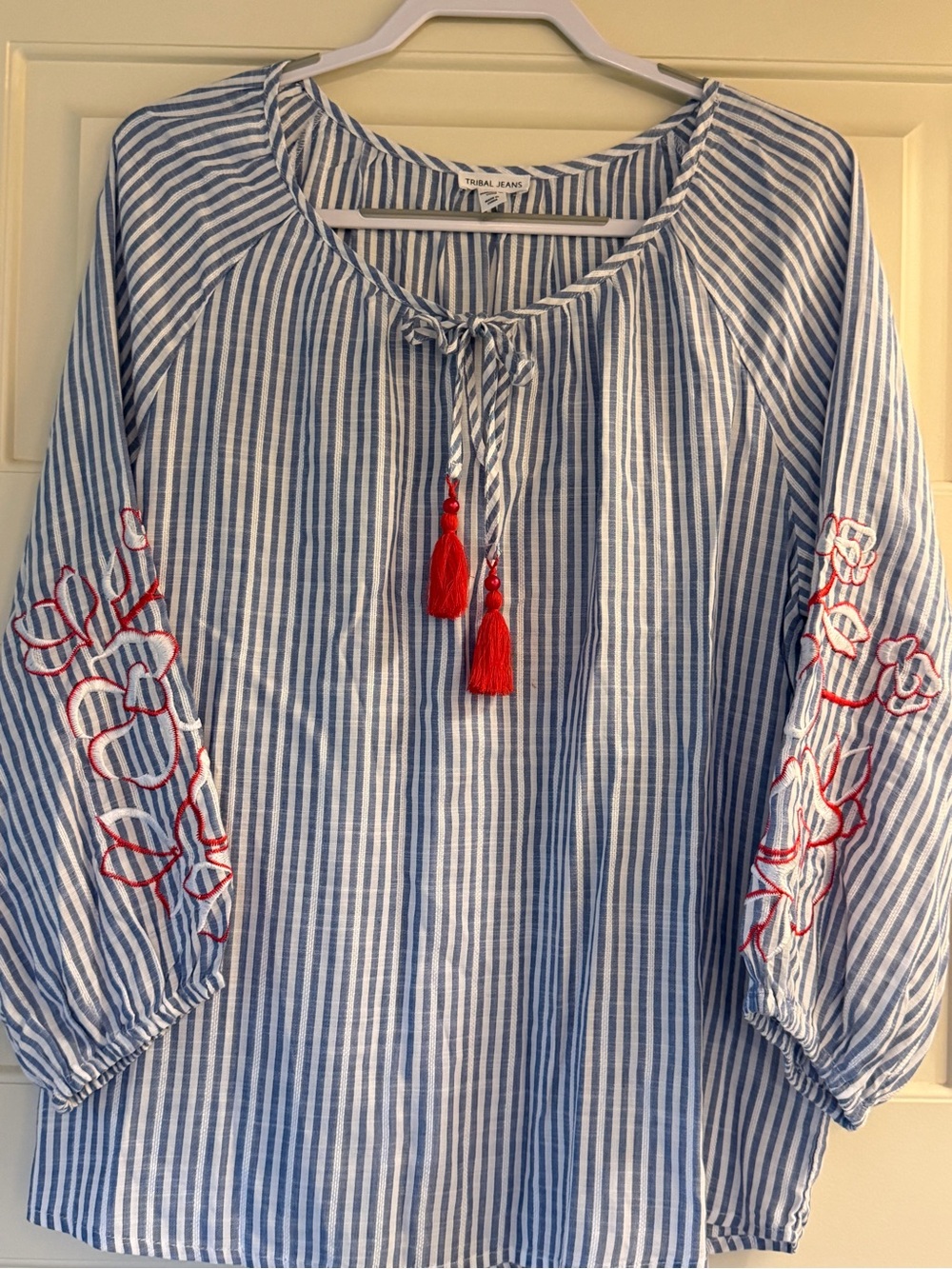 Tribal Blue & White Striped Blouse with Red Tassels